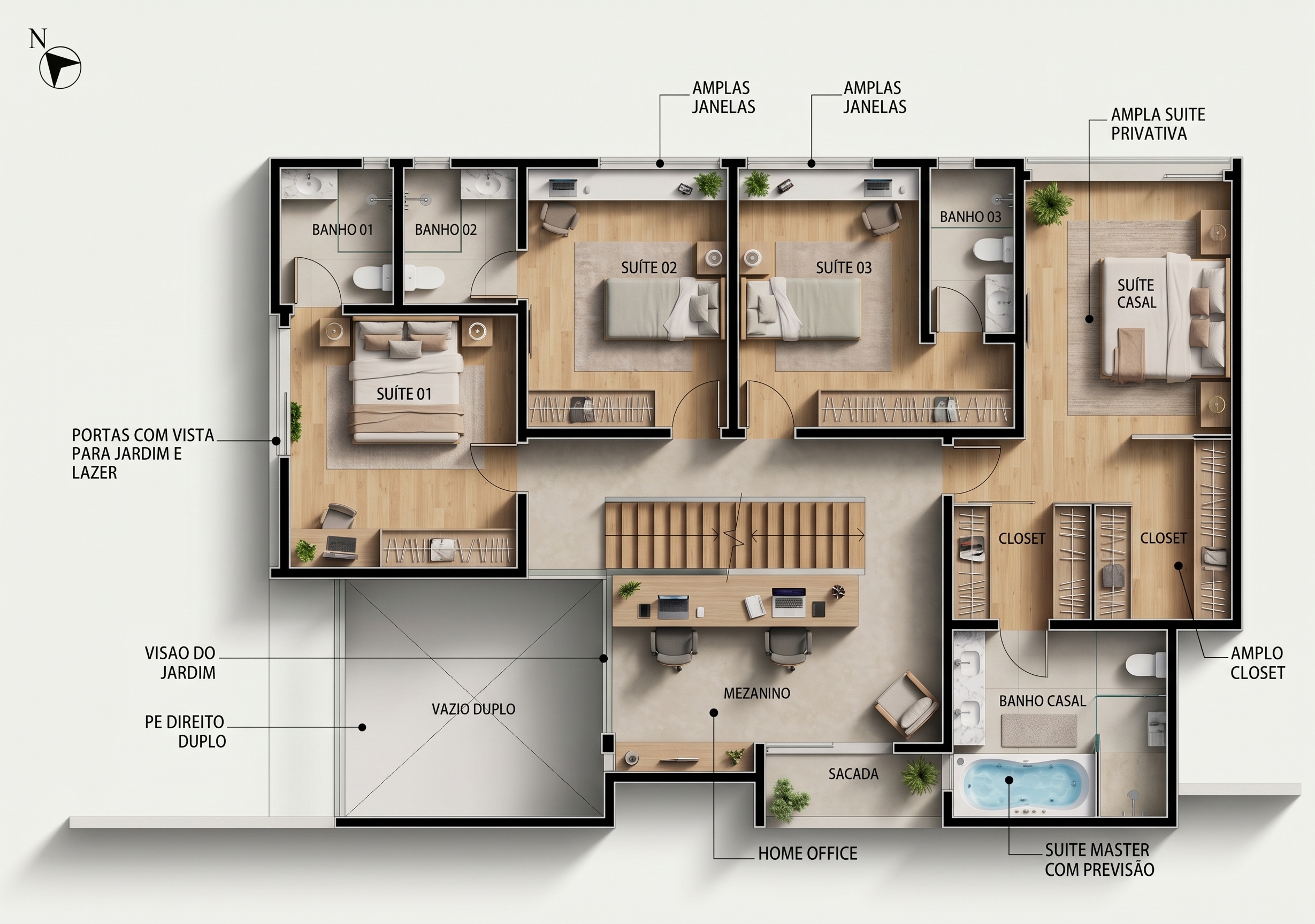Planta humanizada da Unidade 3 — Suítes e home office